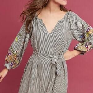 Feather Bone Anthropologie Stripe Floral Embroidered Long Sleeve Dress